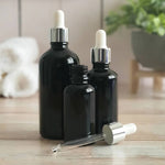 Load image into Gallery viewer, Melna stikla pudele Black Glass Bottle Silver &amp; White 10ml-100ml
