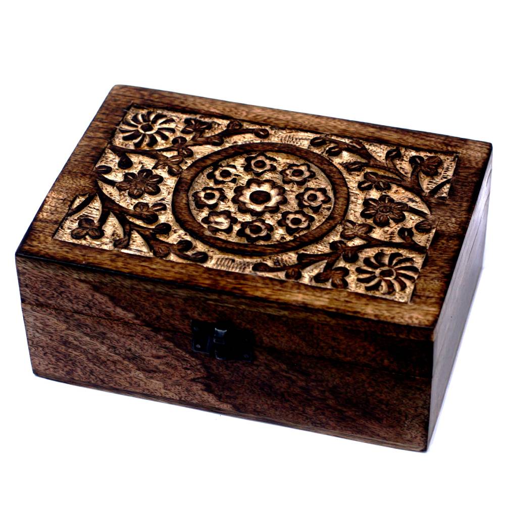 Koka kastīte ēterisko eļļu uzglabāšanai Mango Wood Essential Oil Box Floral - 24 pudeles
