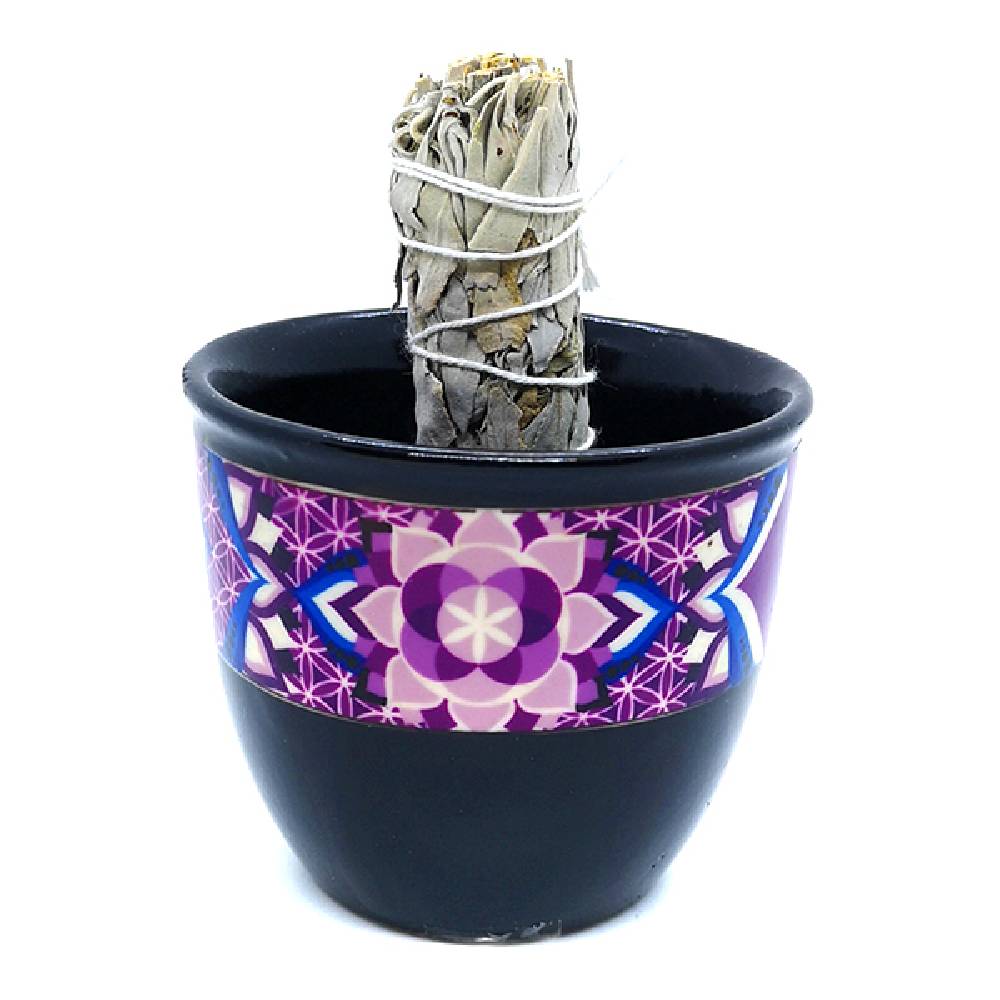 Ceramic Pot for Smudge Flower of Life Black - Palo Santo & Sage