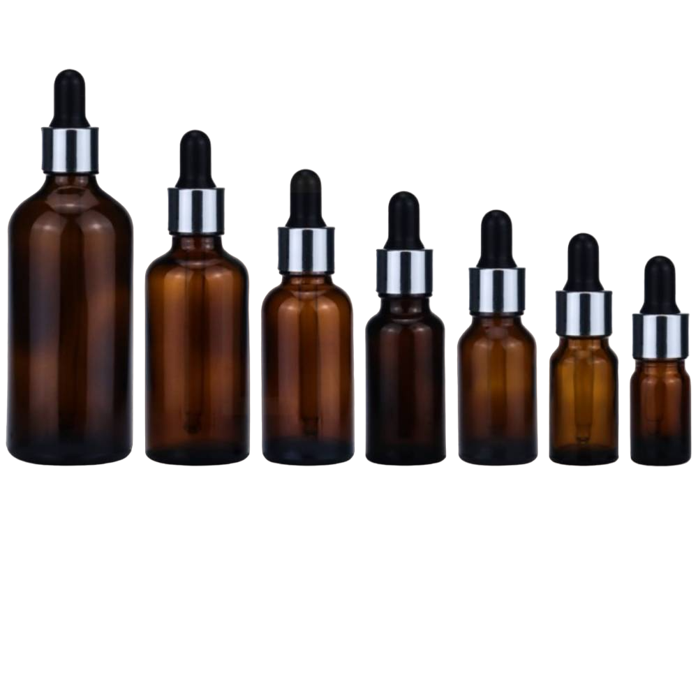 Brūna stikla pudele Brown Glass Bottle Silver & Black 10ml-100ml