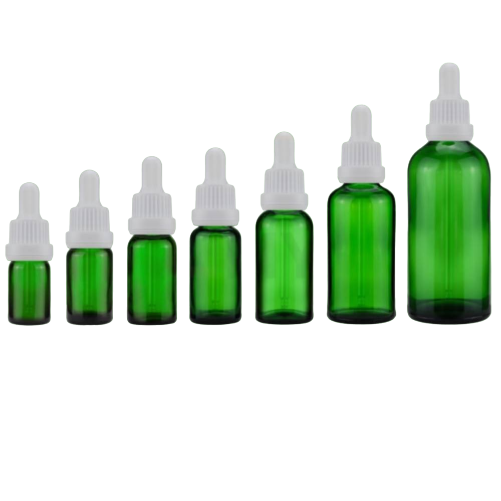Zaļa stikla pudele Green Glass Bottle with White Dropper 10ml-100ml