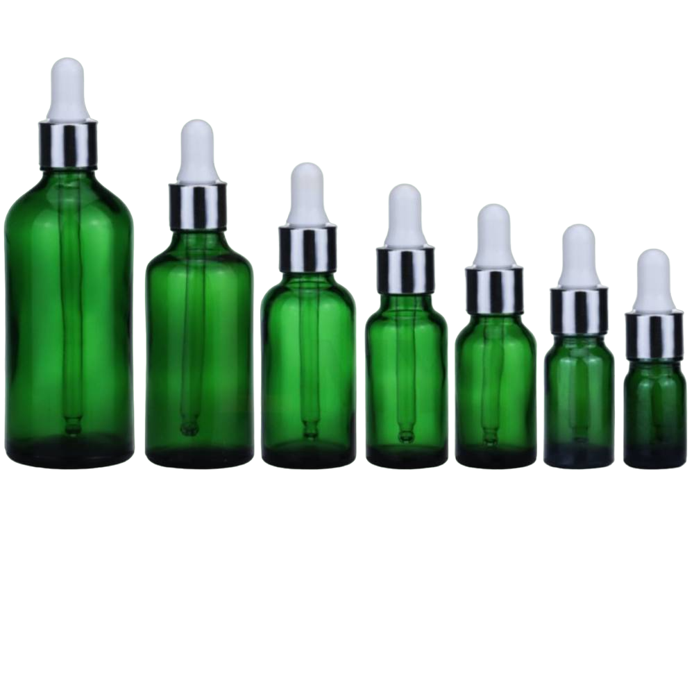 Zaļa stikla pudele Green Glass Bottle Silver & White 10ml-100ml