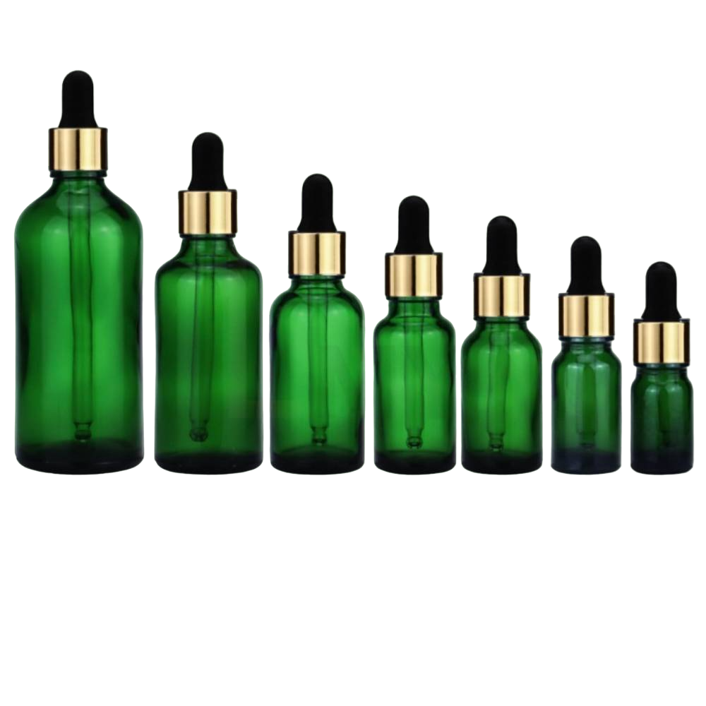 Zaļa stikla pudele Green Glass Bottle Gold & Black 10ml-100ml