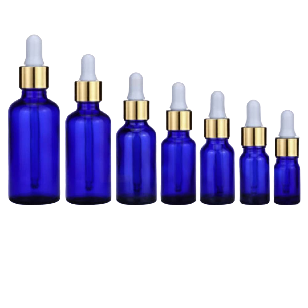 Zila stikla pudele Blue Glass Bottle Gold & White 10ml-100ml