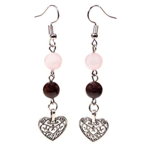 Earrings garnet/rose quartz with heart