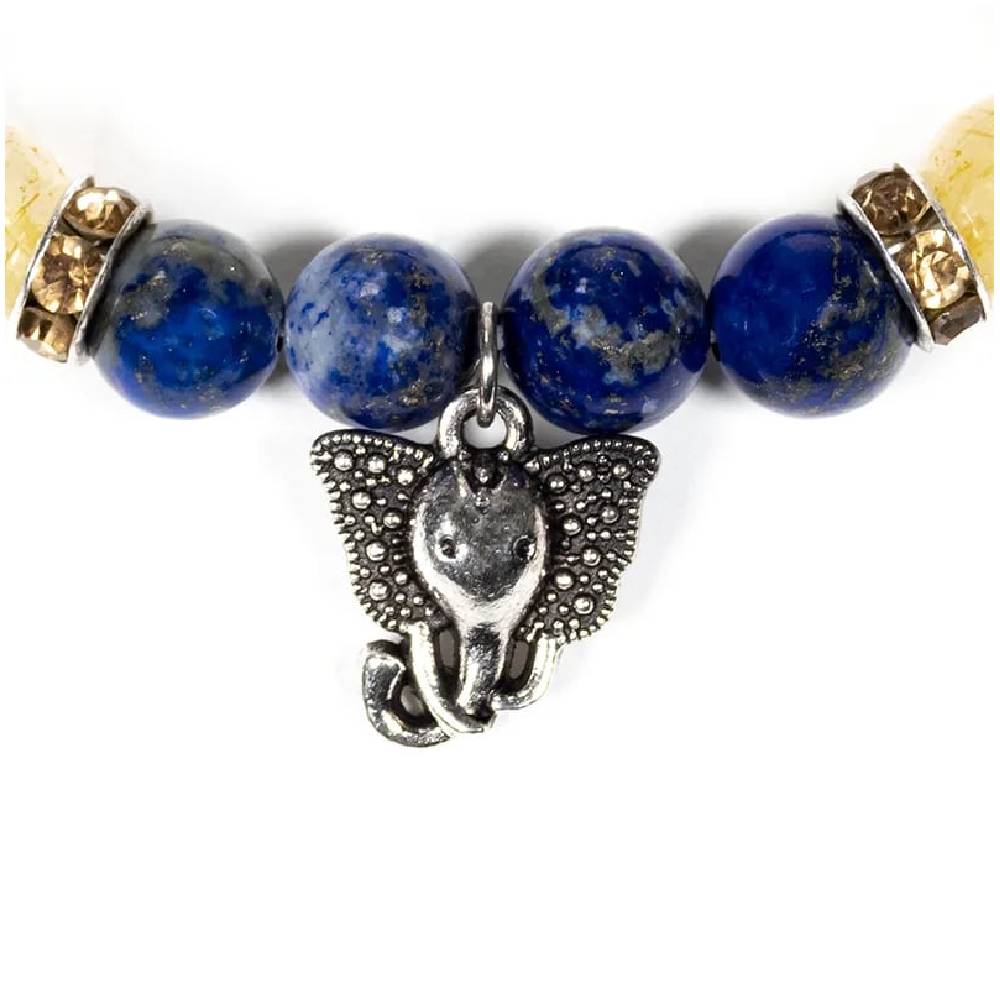 Bracelet lapis lazuli/rutilated quartz with ganesh