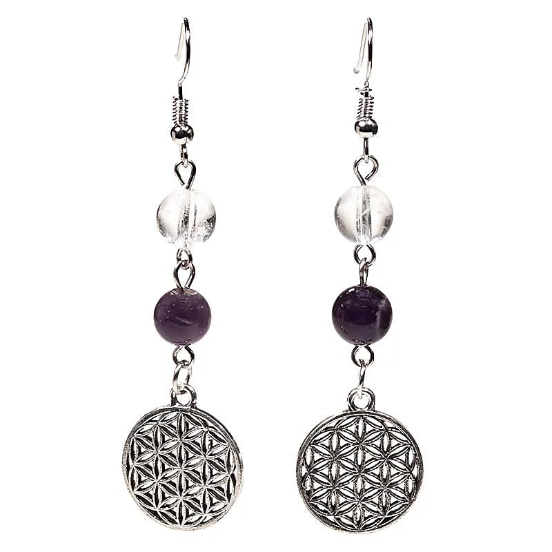 Auskari Kalnu Kristāls un Ametists / Rock Crystal & Amethyst with Flower of Life