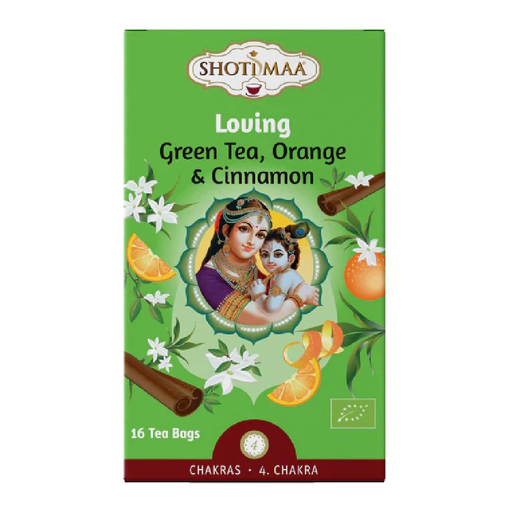 Shoti Maa BIO Tēja 4. Čakra / Loving - Zaļā Tēja, Apelsīns & Kanēlis (Yashoda & baby Krishna))