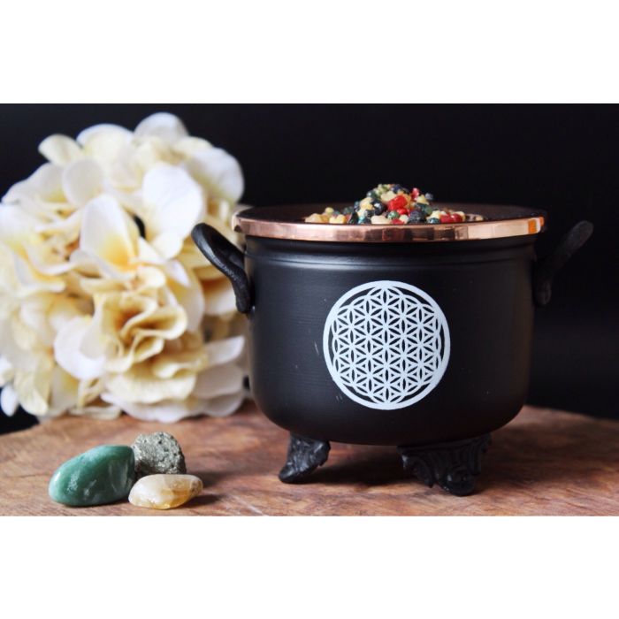 Black Cauldron Flower of Life 10x11cm with copper Lid