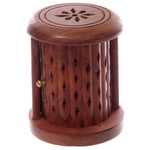 Load image into Gallery viewer, Sheesham Wood Carved Barrel Incense Cone Burner with Door
