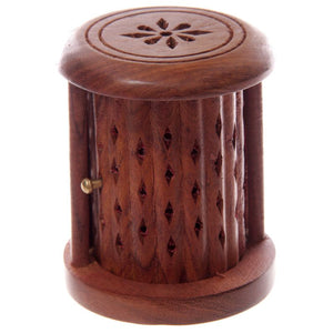 Sheesham Wood Carved Barrel Incense Cone Burner with Door
