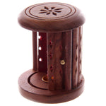 Load image into Gallery viewer, Sheesham Wood Carved Barrel Incense Cone Burner with Door
